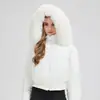 Jaqueta de inverno acolchoada estilo coreano 2026, transfronteiriça, com gola de pele, capuz e design justo e curto, na cor branca