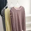 Cárdigan de Punto Rayado Azul con Protección Solar para Mujer, Verano Delgado Estilo Coreano Fresco Camiseta de Manga Larga de Tencel, Top Exterior Holgado