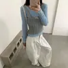 Camiseta de punto de manga larga bicolor de dos piezas falsas para mujer, nuevo estilo coreano de otoño e invierno 2026, top casual y relajado para mujer