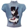 Top de Verão Feminino Novo Retro Europeu e Americano Ins com Gola Alta Estampa Waffle Camiseta de Manga Curta com Peixe Koi Oriental Atacado