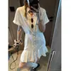 Mochie Elegante Top Estudante Estilo Francês Jacquard Tridimensional Gola Reversível Cintura Ajustada Emagrecedor Babados Vestido Mq1412