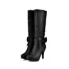 Exportación de fábrica 2016 nuevas botas de tacón alto de caña alta con lazo dulce, tacón grueso, punta redonda, disponibles en varios tamaños, botines Martin para mujer