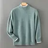 Suéter de uma peça em lã 100% com ponto grosso de 7 pontos para homens, suéter de gola semi-alta para negócios, camisa base de malha de corte solto