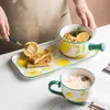 Combinación de desayuno de limón fresco pintado a mano, vajilla de cerámica para una persona, apto para niños, mango de cereal, tazón, plato de cena, taza de leche