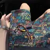 Shorts de Tricô Estilo Retro Graffiti Americano para Homens, Design de Nicho de Verão, Calças de Praia Casuais Largas