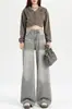 Jeans grises de pierna ancha estilo retro americano para mujer, nuevo estilo otoño 2026, caída ondulada, pantalones rectos holgados de largo hasta el suelo