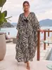 Túnica de playa rayada de rayón con detalle tejido en el pecho, kaftán de talla grande para vestido de vacaciones para mujer