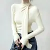 Camiseta base irregular de punto hueco marrón para mujer, nueva moda de otoño, top de punto ajustado A14111