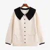 Cárdigan de Punto Dulce de Talla Grande con Cuello de Muñeca y Color de Contraste 2026 Invierno Holgado Cubre Defectos Reduce Edad Ropa Exterior Top para Mujer 25316