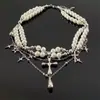 Collar de Cruz de Perlas de Múltiples Capas Estilo Gótico, Cadena para Clavícula con Borla Resistente Estilo Chica Dulce y Fresca Picante