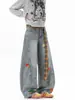 Jeans com Cinto Xadrez Masculino Reto Solto Wide-Leg American High Street Calças Tendência Versátil Design de Bordado em Toalha