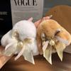 Fofo Real Pelo de Coelho Rex Laço Pérola Coelho Chaveiro de Carro Pingente Boneca de Pelúcia Mochila Pingente