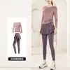 Falda Pantalón de Yoga Falsa de Dos Piezas Conjunto Deportivo Top para Mujer Set Running Fitness Manga Larga Pilates Entrenamiento Atuendo de Yoga