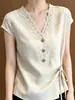 Camisa de encaje patchwork de diseño de nicho de alta gama con cuello en V para mujer, nuevo estilo de verano 2026, camisa única para mujeres petite