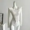 Suéter feminino com decote em V e costura de renda, estilo doce puro, manga comprida, base interna, camisa justa, top curto