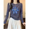 Camiseta de manga larga para mujer, algodón puro, hombros normales, teñido anudado azul, nuevo diseño 2026, top básico único y elegante