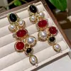 Pendientes Vintage de Cristal Redondo Negro y Rojo Perla de Cristal de Nicho, Pendientes Geométricos Exagerados Largos hasta el Hombro