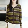 Cárdigan de Cuello en V para Mujer Bloque de Color Rayas Calado Manga Larga Prenda Exterior Superior Nuevo Estilo Principios de Otoño Top Interior Apilable