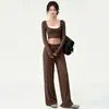 Calça de Yoga Feminina Solta Reta Corrida Esportes Perna Larga Conjunto Top Manga Longa Pilates Treinamento Roupas Fitness Outono