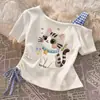 Camiseta de algodón puro para niñas, linda de dibujos animados, de cuadros, hombros descubiertos, manga corta, estilo corto, top versátil y moderno para niños mayores