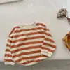 Suporte para Personalização~Moletom Retrô com Listras para Crianças, Novo Estilo Primavera e Outono, Camiseta de Manga Longa Solta para Meninos e Meninas, Top Estilo Western