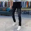 Pantalones Vaqueros para Hombre de Marca Tendencia Ajustados Skinny PU de Alta Calidad para Comercio Exterior Transfronterizo Estilo Retro Salpicaduras de Tinta Parche Bordado