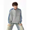Moletom Cardigan Esportivo Color Block com Listras Americanas Masculino Outono Novo Solto Estilo College Marca Tendência Jaqueta com Gola Alta
