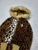 Casaco feminino dupla face com gola de pelo, cardigã curto com capuz, patchwork bordado de estampa de leopardo, acolchoado, vestuário feminino transfronteiriço de comércio exterior