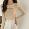 Diseño Sense Calado Manga Larga Tejido de Punto para Mujer Otoño 2023 Nuevo Estilo Ajustado Adelgazante Cuello en V Jersey