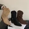 Botas versáteis retrô estilo francês para outono e inverno, novas botas curtas de camurça cor de damasco com salto grosso, botinhas femininas western