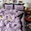 Bordado de toalha em renda e laço estilo francês, conjunto de quatro peças em algodão lavado, com estética feminina, incluindo uma capa de edredom e um conjunto de três peças de lençóis para quartos de dormitórios