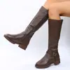 Botas de cuero europeas y americanas transfronterizas para mujer, nueva colección otoño 2026, con cremallera trasera, tacón grueso y caña alta; botas de montar de calidad de exportación, botas altas para mujer