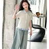 Conjunto de Camisa de Manga Curta de Verão para Meninas 2026 Novo Estilo para Crianças Maiores, Estilo College com Strass, Conjunto Casual de Duas Peças Jeans