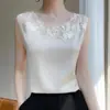 26 Nuevo Estilo de Verano para Mujer Seda de Morera Satén Encaje Cuello Redondo Sin Mangas Tirantes Versátil Moda Top Tejido