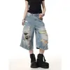 Shorts jeans estilo retrô americano, com lavagem desgastada, rasgos e orelhas de gato, calças cropped estilosas de corte A, modelo solto, novidade da moda para o outono