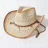 Sombrero de vaquero de paja calada estilo americano, sombrero de paja de ala ancha western transpirable para el verano, sombrero para el sol para exteriores, moderno