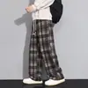 Calça Xadrez Preto e Branco Retrô para Meninos Primavera e Outono 2025 Nova Calça Americana de Perna Larga Solta Reta Caimento Casual
