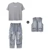 Roupas Hip-hop Modernas para Crianças Meninos e Meninas Jeans Cinza Largo Cool Manga Curta Calças de Hip-hop Infantil Fantasia de Performance