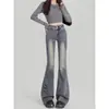 Diseño Nuevo de Primavera y Otoño Vaqueros Acampanados Lavados Vintage Retro Americano para Mujer Pantalones de Pierna Ancha Ajustados