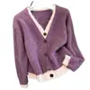 Chaqueta de punto tipo suéter morada de manga larga estilo francés, dos piezas falsas, para mujer con un aire casual