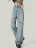 Jeans Rectos para Mujer 2026 Nuevo Estilo Rasgados de Tiro Alto Largo hasta el Suelo Adelgazantes Holgados de Pierna Ancha con Diseño Único