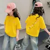 Camiseta de Algodão Puro Manga Curta para Meninas Verão 2026 Novo Estilo Infantil Gola Redonda Rosa para Crianças de Meia-Idade e Mais Velhas Camiseta Solta Tendência