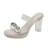 Sandalias de tacón transparente de cristal con pedrería estilo francés para mujer, chanclas de verano de una tira con tacón grueso de alta gama, sandalias de tacón alto para exteriores