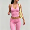 Top deportivo versátil de punto acanalado con cuello halter en V y espalda cruzada, corte ajustado, corto, para fitness, yoga, estilo europeo y americano, transfronterizo