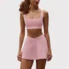 Top de Fitness Cepillado de Alta Elasticidad a Prueba de Golpes con Almohadilla en el Pecho, Falda de Tenis, Sujetador Deportivo de Cuello Halter, Falda Corta, Traje de Yoga para Mujer