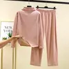 Nuevo conjunto de capa base cálida de otoño e invierno cepillada y engrosada con cuello semialto para mujer, con camiseta de manga larga y conjunto de dos piezas de forro polar térmico