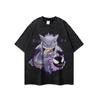Camiseta de manga corta con estampado de dibujos animados retro de Harajuku High Street para hombre y mujer, de gran tamaño, con lavado antiguo y manga corta.