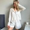 2026 Europeu e Americano Algodão Puro Outono Novo Estilo Estampa de Coração Solto e Confortável Manga Longa Shorts Conjunto de Pijama Feminino Roupa para Casa