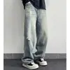 Jeans versátil estilo rua americano retrô com rasgos e aspecto desgastado, calça longa masculina moderna de corte reto solta casual, nova moda masculina