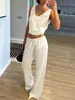 Conjunto de Duas Peças Elegante Casual Versátil Top Regata de Cetim com Decote em U Calça de Cintura Elástica com Renda Wide-leg Top Fluido Calça Longa